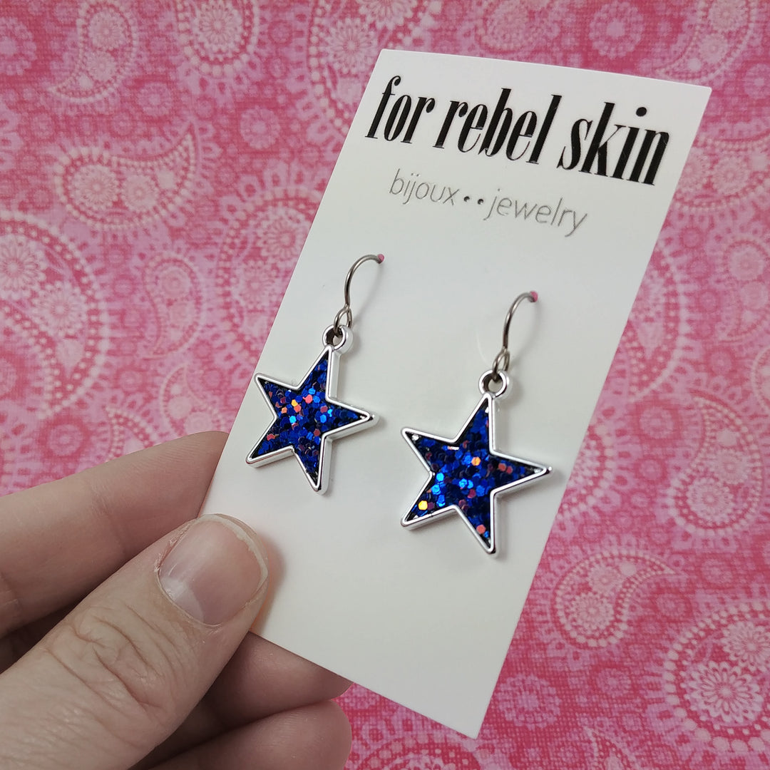 Silver star with glitter, sequins, paillette dangle earrings