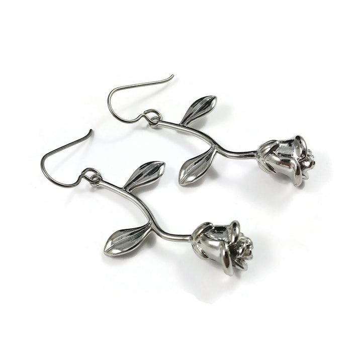 Silver rose dangle titanium earrings, Unique flower nickel free jewelry