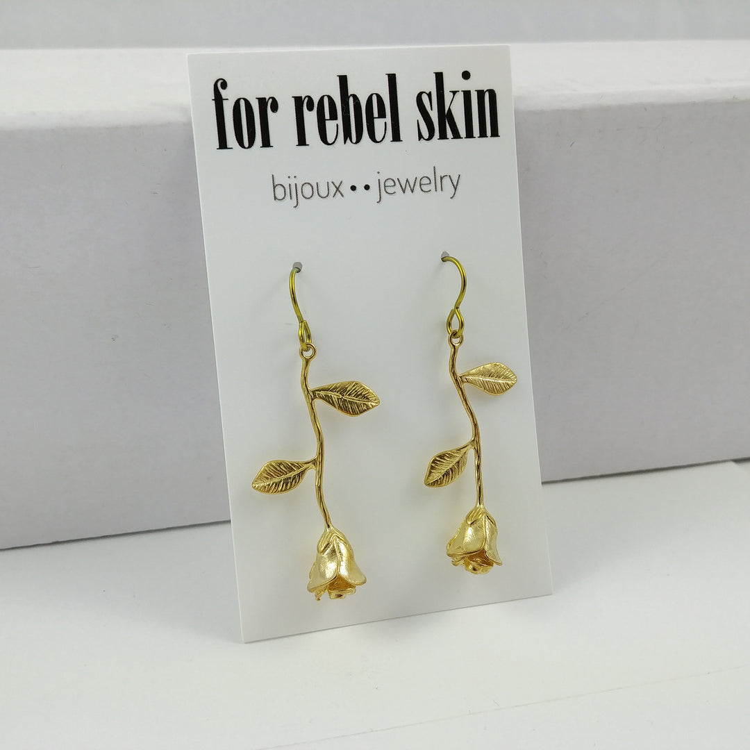 Gold rose flower dangle NIOBIUM earrings