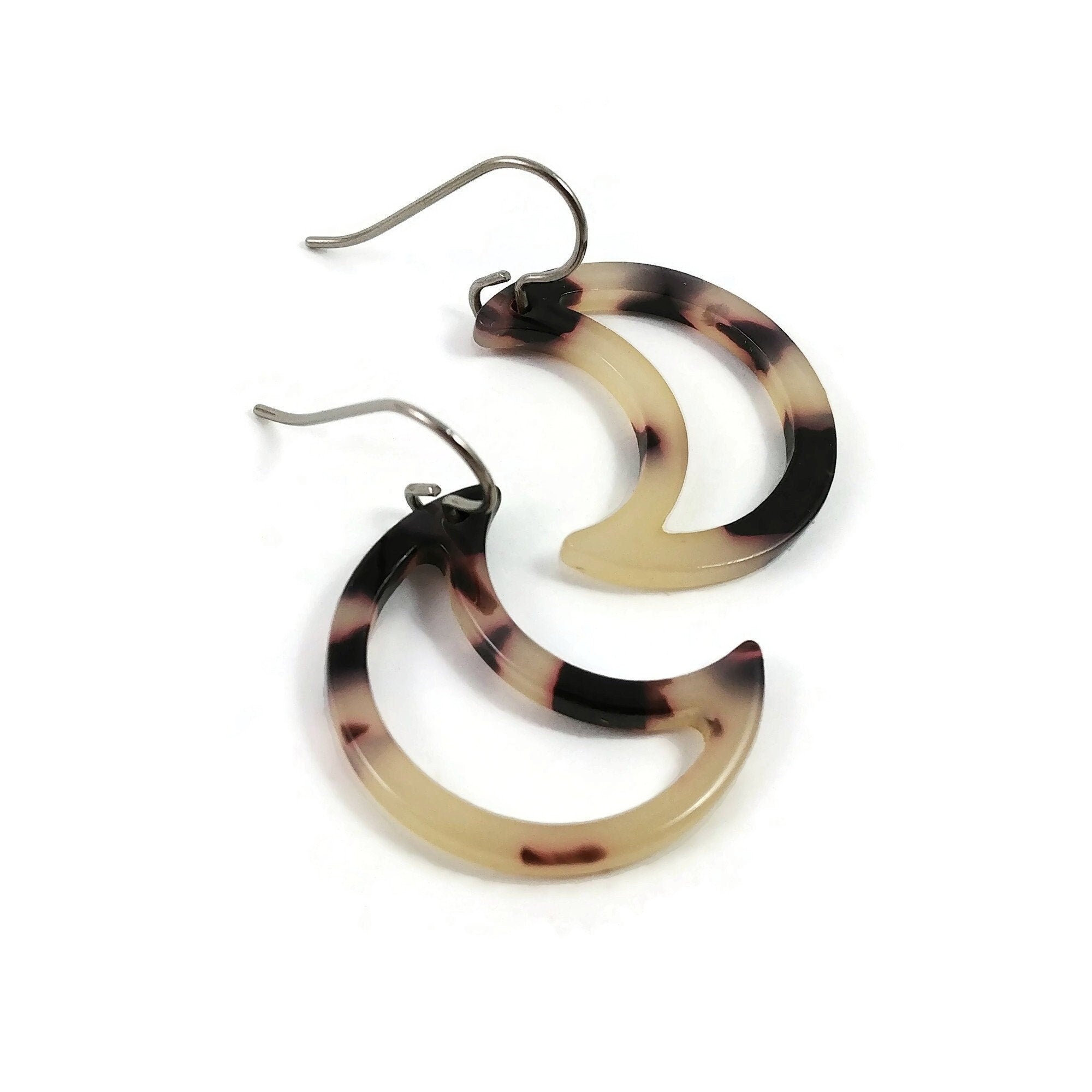Tortoise moon dangle earrings - Hypoallergenic pure titanium and resin earrings
