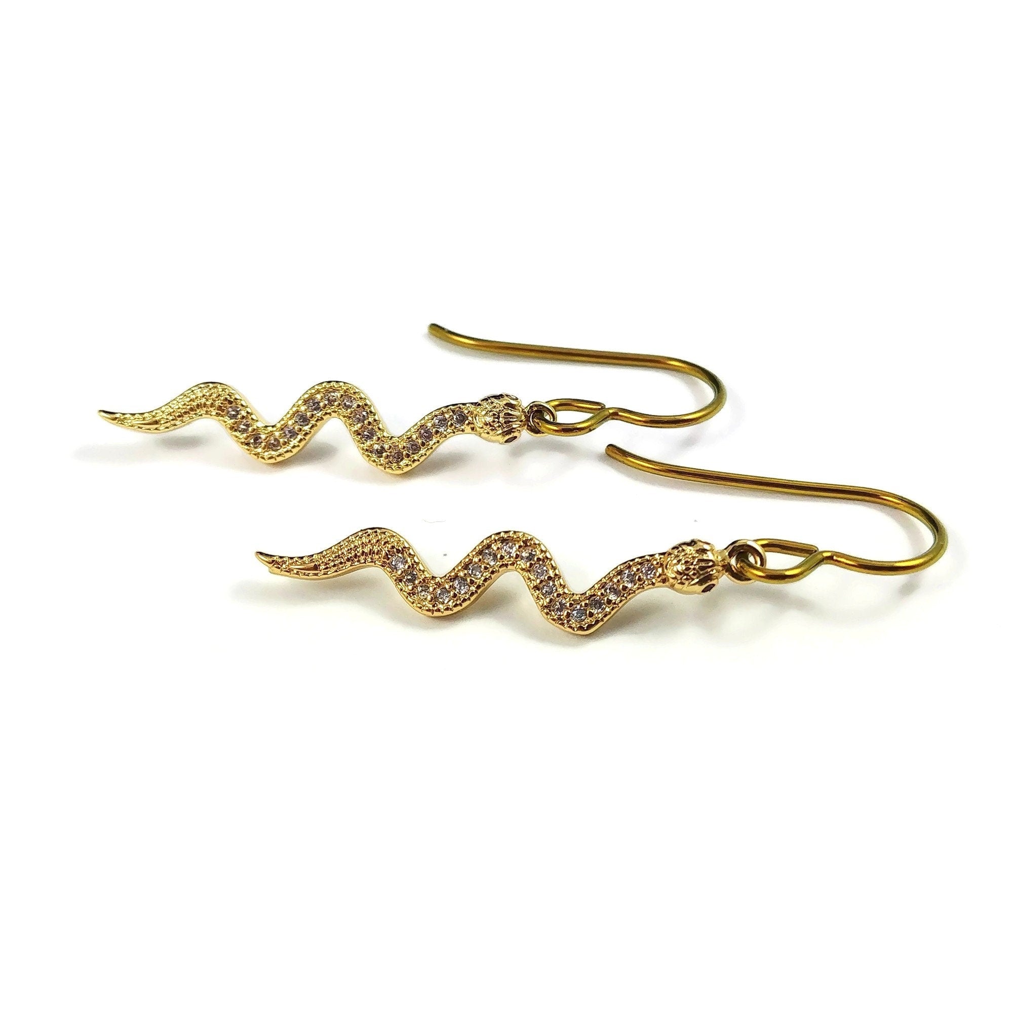 Dangle snake earrings, Silver snake earrings, Implant grade titanium for sensitive ears