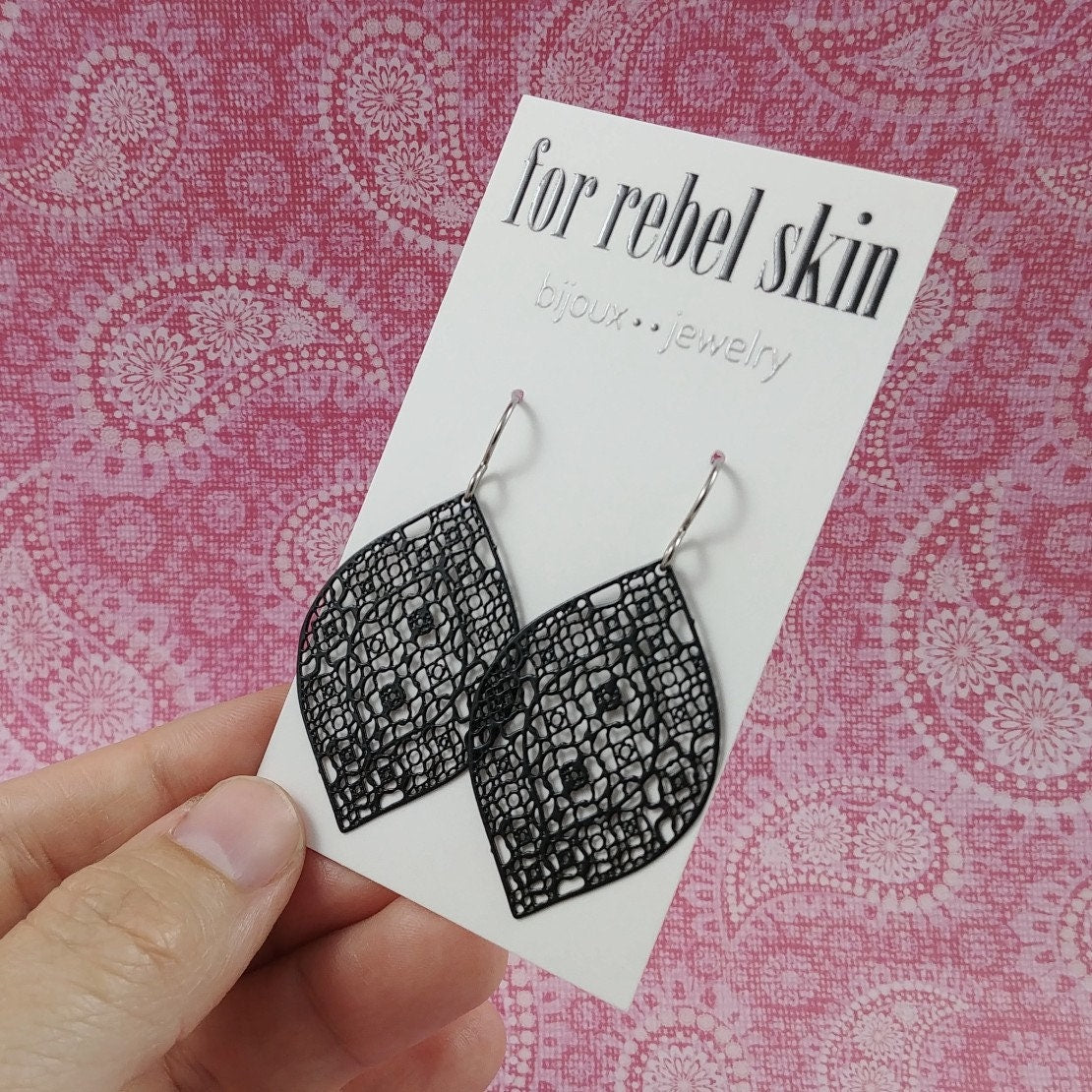 Black lace dangle earrings, Pure titanium and stainless steel jewelry, Lightweight everyday filigree earrings
