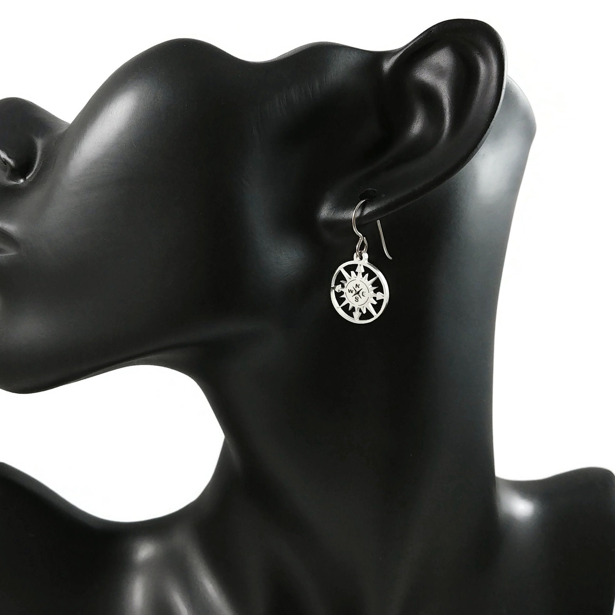 Compass rose dangle earrings, Pure titanium and stainless steel jewelry, Silver nautical earrings, Travel theme gift