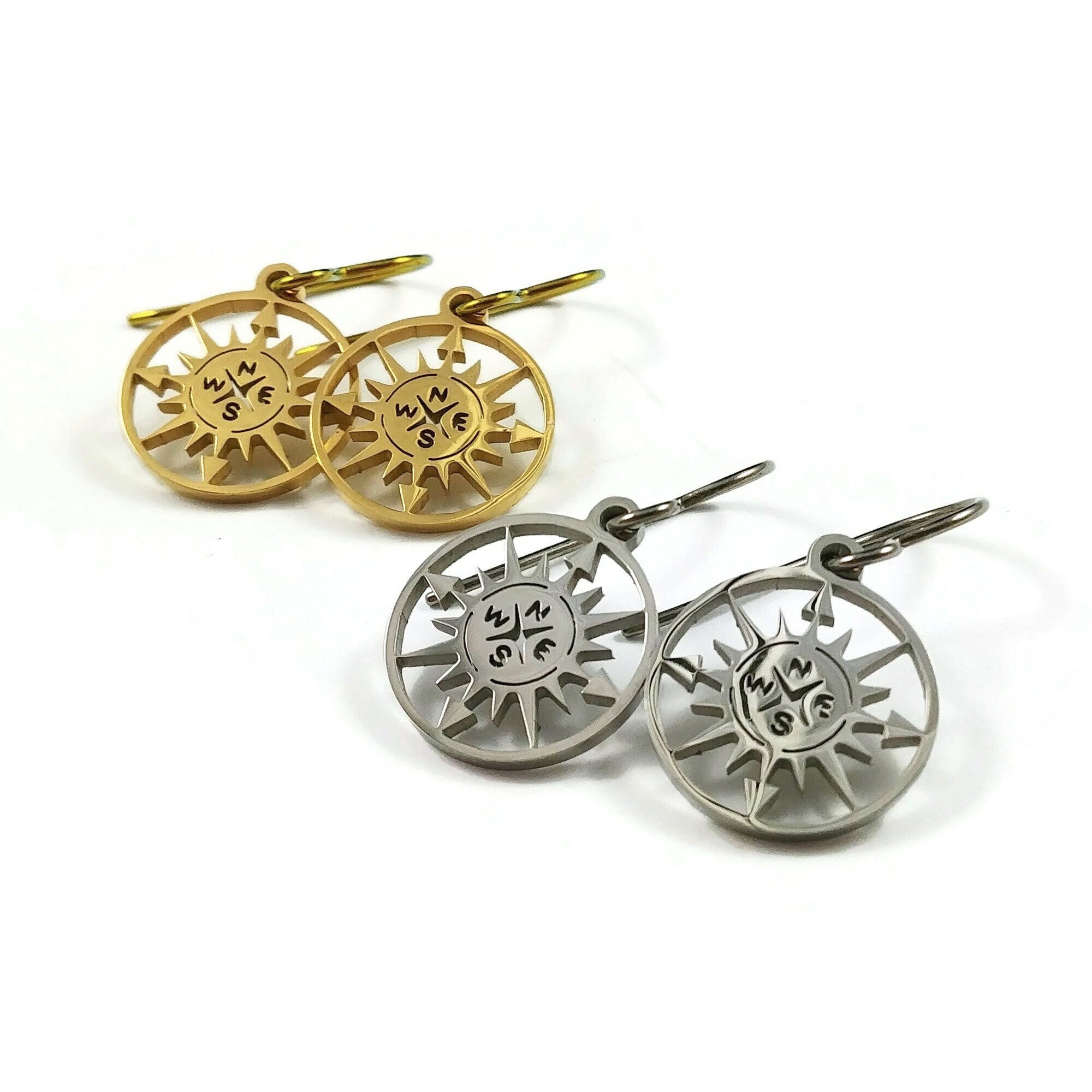 Compass rose dangle earrings, Pure titanium and stainless steel jewelry, Silver nautical earrings, Travel theme gift