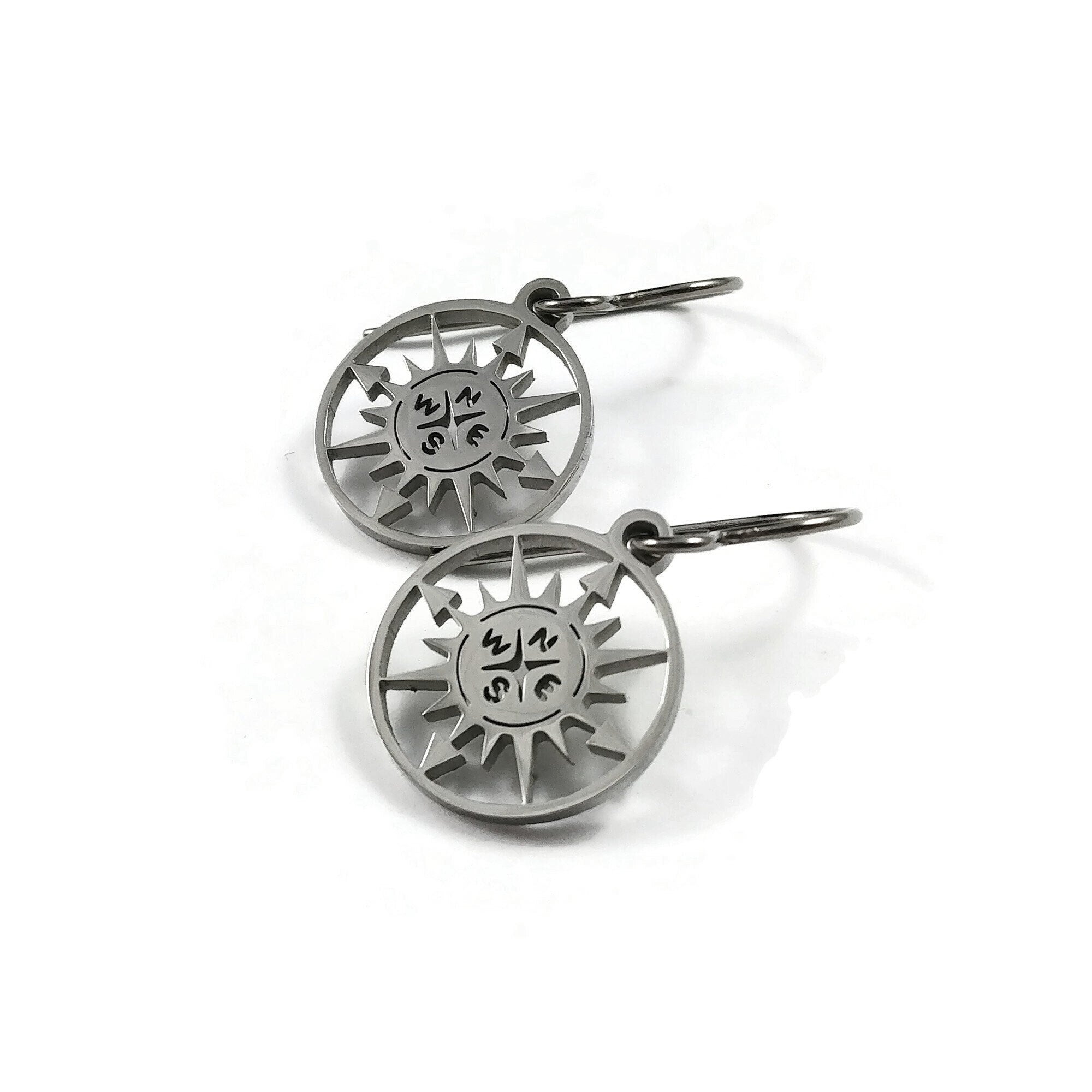 Compass rose dangle earrings, Pure titanium and stainless steel jewelry, Silver nautical earrings, Travel theme gift