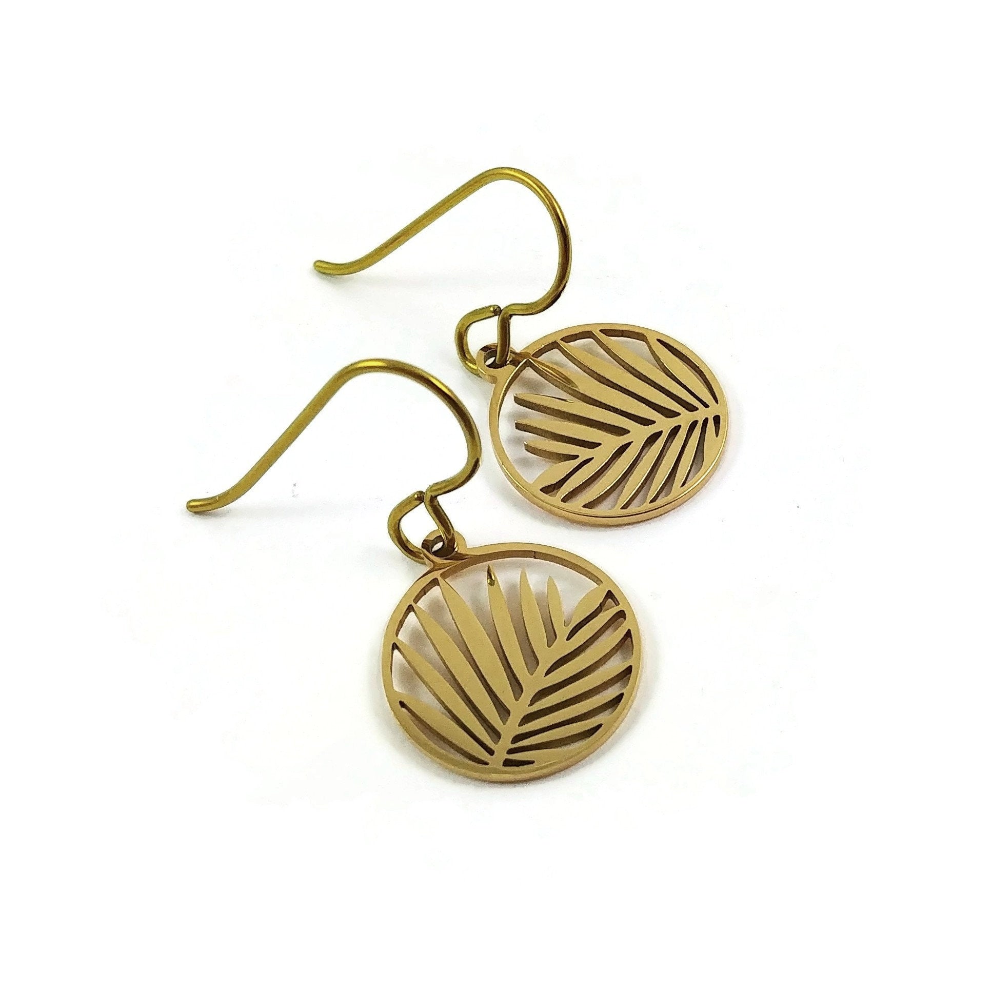 Niobium palm leaf drop earrings, Gold hypoallergenic jewelry, Pure implant grade for sensitive ears