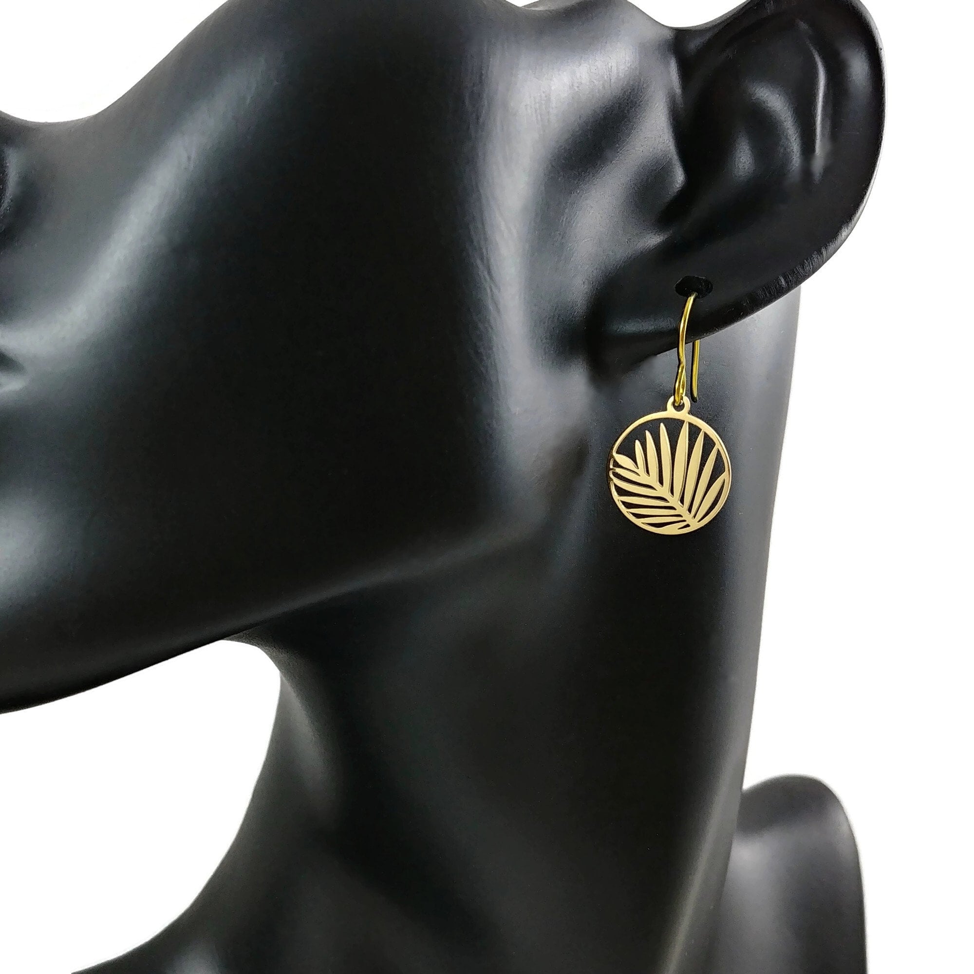Niobium palm leaf drop earrings, Gold hypoallergenic jewelry, Pure implant grade for sensitive ears