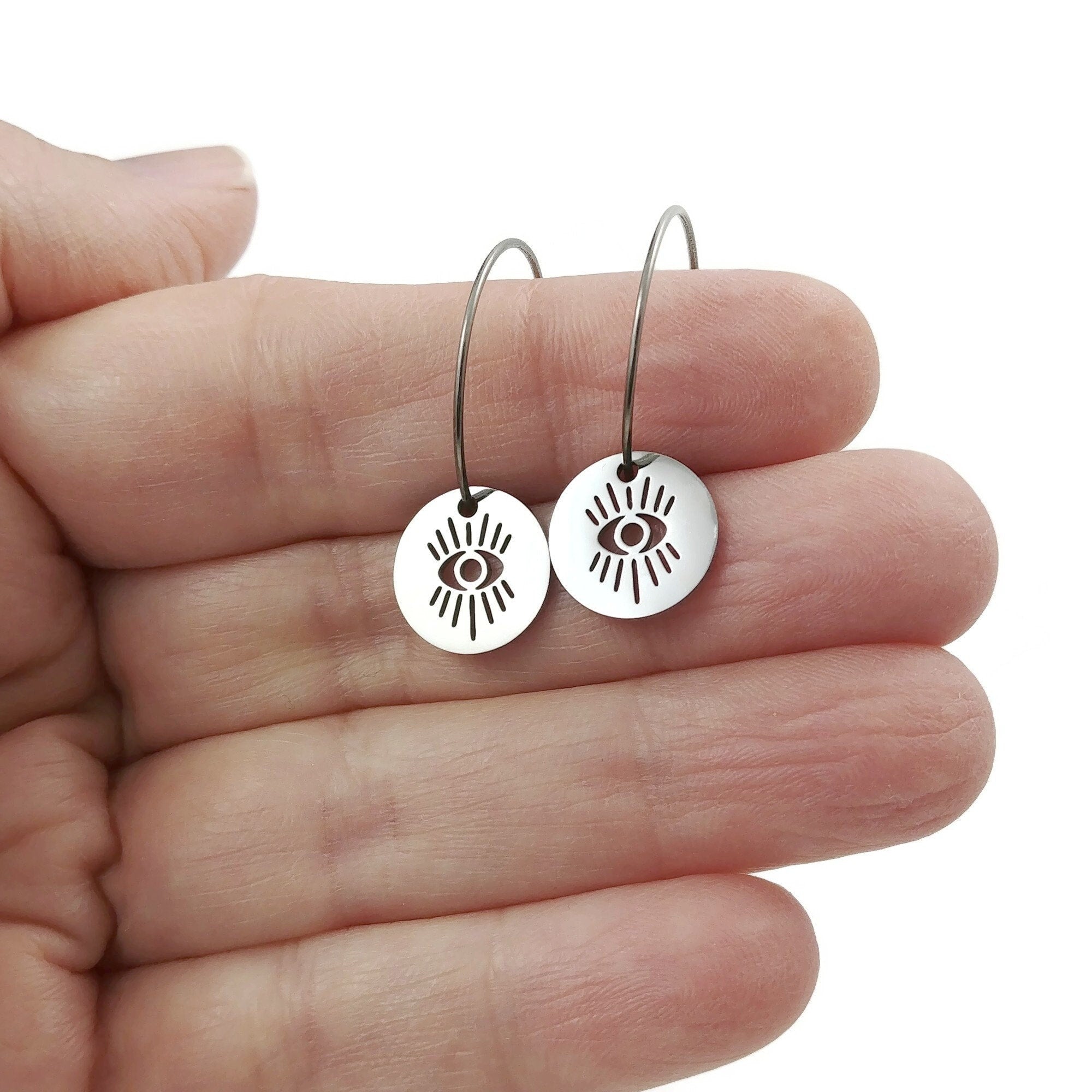 Evil eye coin earrings, Pure implant grade titanium for sensitive ears, Protection jewelry gift, Hoop earrings