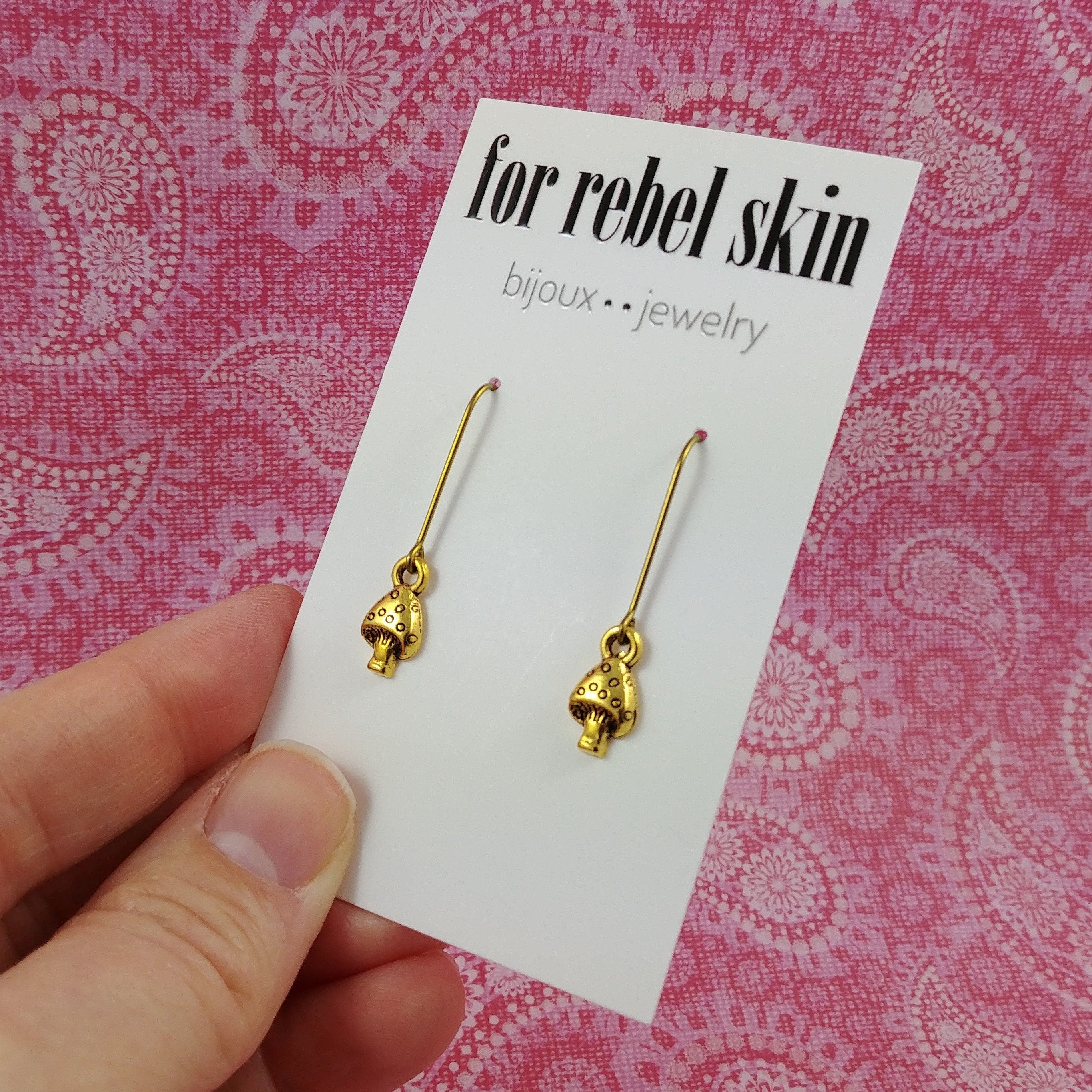 Minimalist mushroom drop earrings, Dainty gold cottagecore earrings, Pure niobium threader for sensitive ears