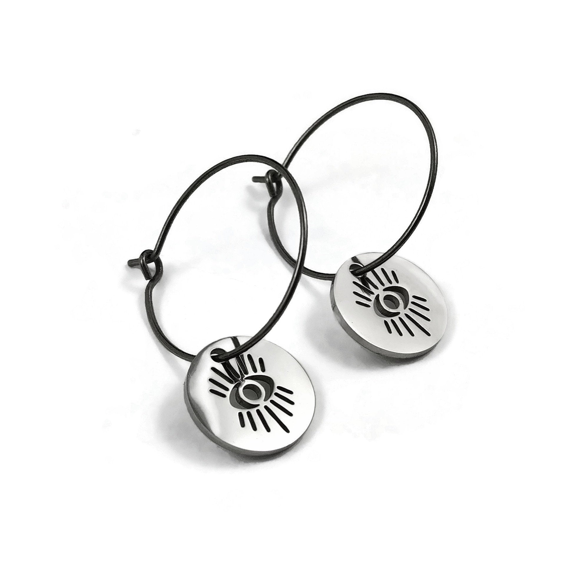 Evil eye coin earrings, Pure implant grade titanium for sensitive ears, Protection jewelry gift, Hoop earrings