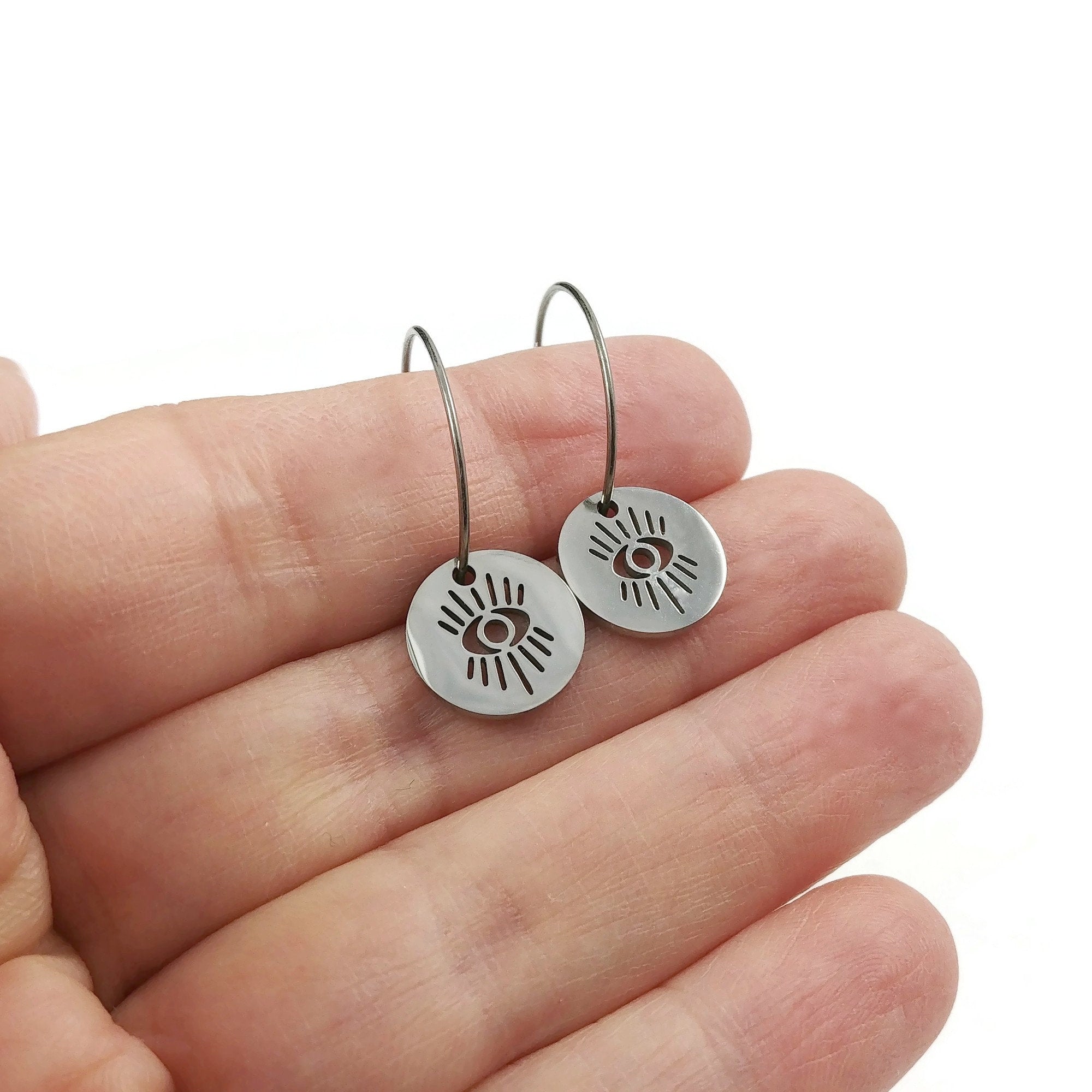 Evil eye coin earrings, Pure implant grade titanium for sensitive ears, Protection jewelry gift, Hoop earrings