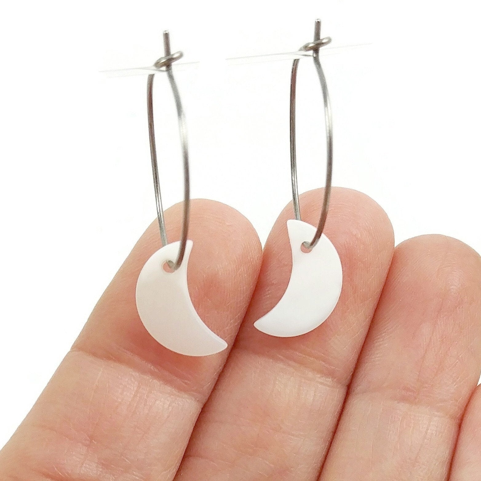 Pearl white moon hoop earrings, Hypoallergenic pure titanium jewelry, Implant grade safe for sensitive ears