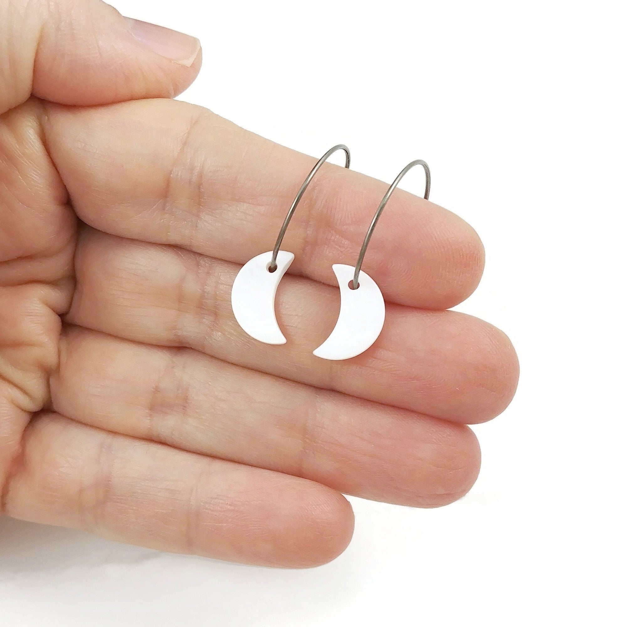 Pearl white moon hoop earrings, Hypoallergenic pure titanium jewelry, Implant grade safe for sensitive ears