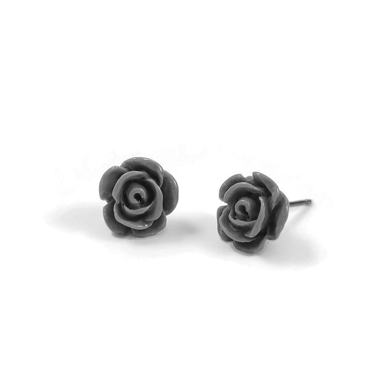 Flower stud earrings, Implant grade titanium earrings, Vintage rose resin jewelry