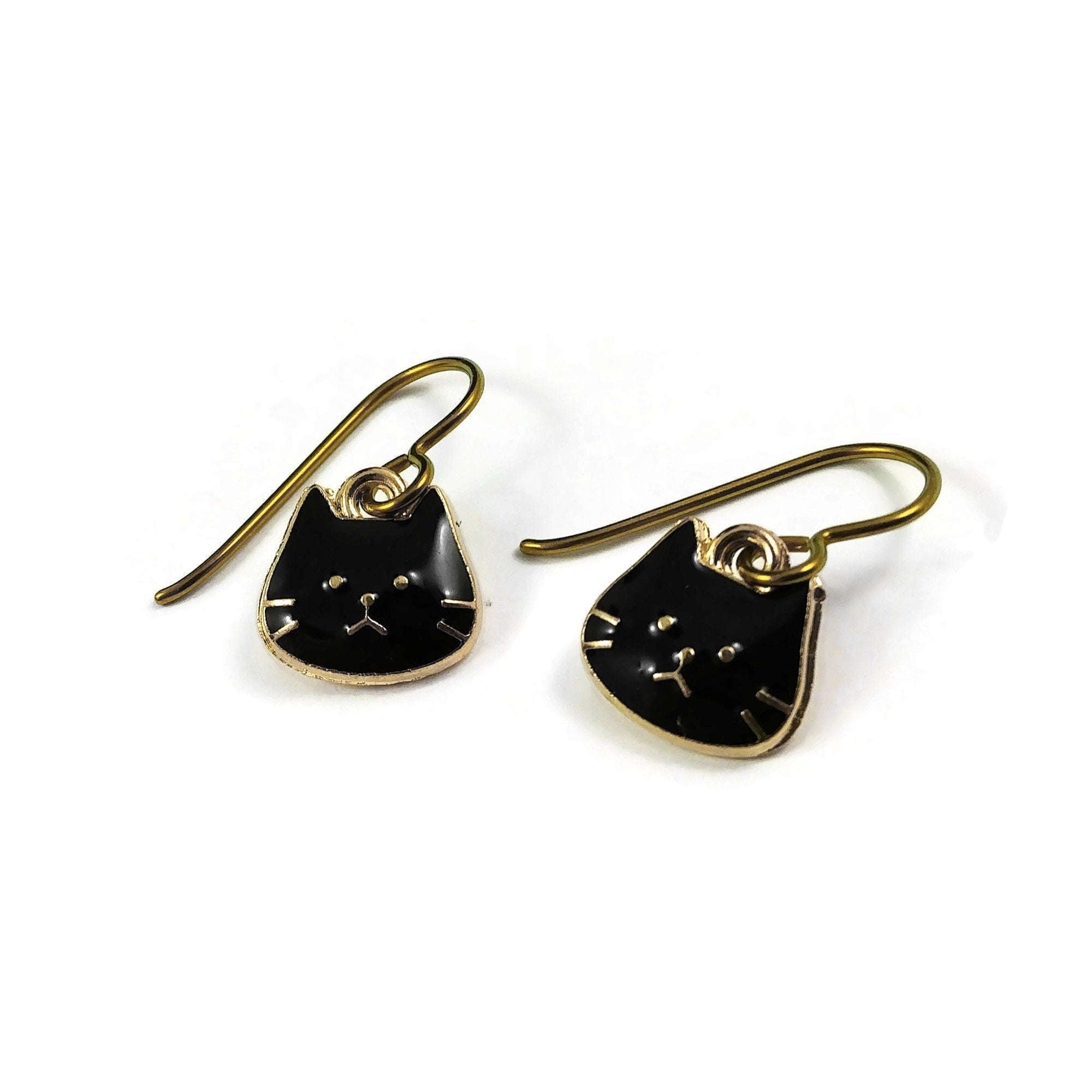Dainty black cat earrings, Pure niobium dangle earrings, Hypoallergenic gold earrings, Fun gift for her