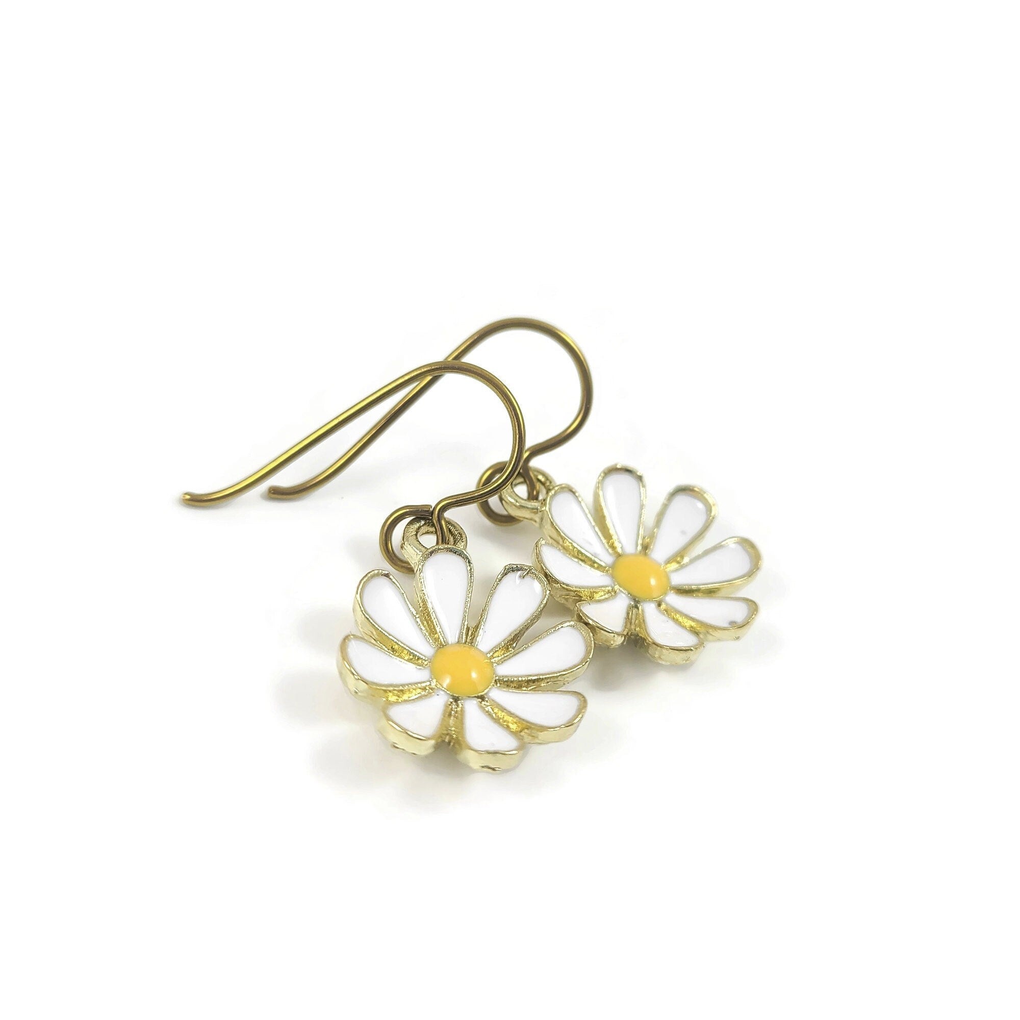 Cute daisy drop earrings, Hypoallergenic gold niobium for sensitive ears, Pure implant grade