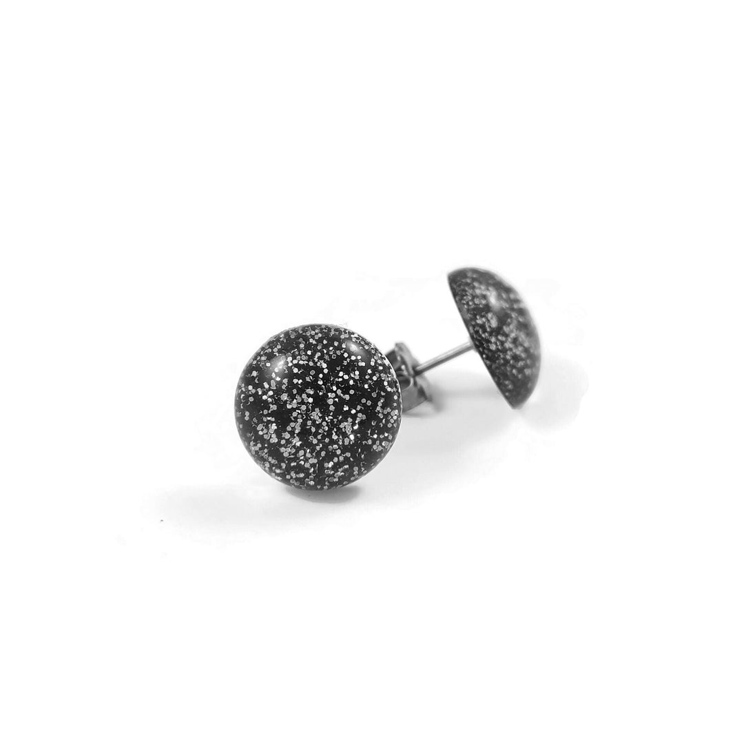 Black titanium stud earrings, Hypoallergenic implant grade jewelry, Glitter resin cabochon earrings