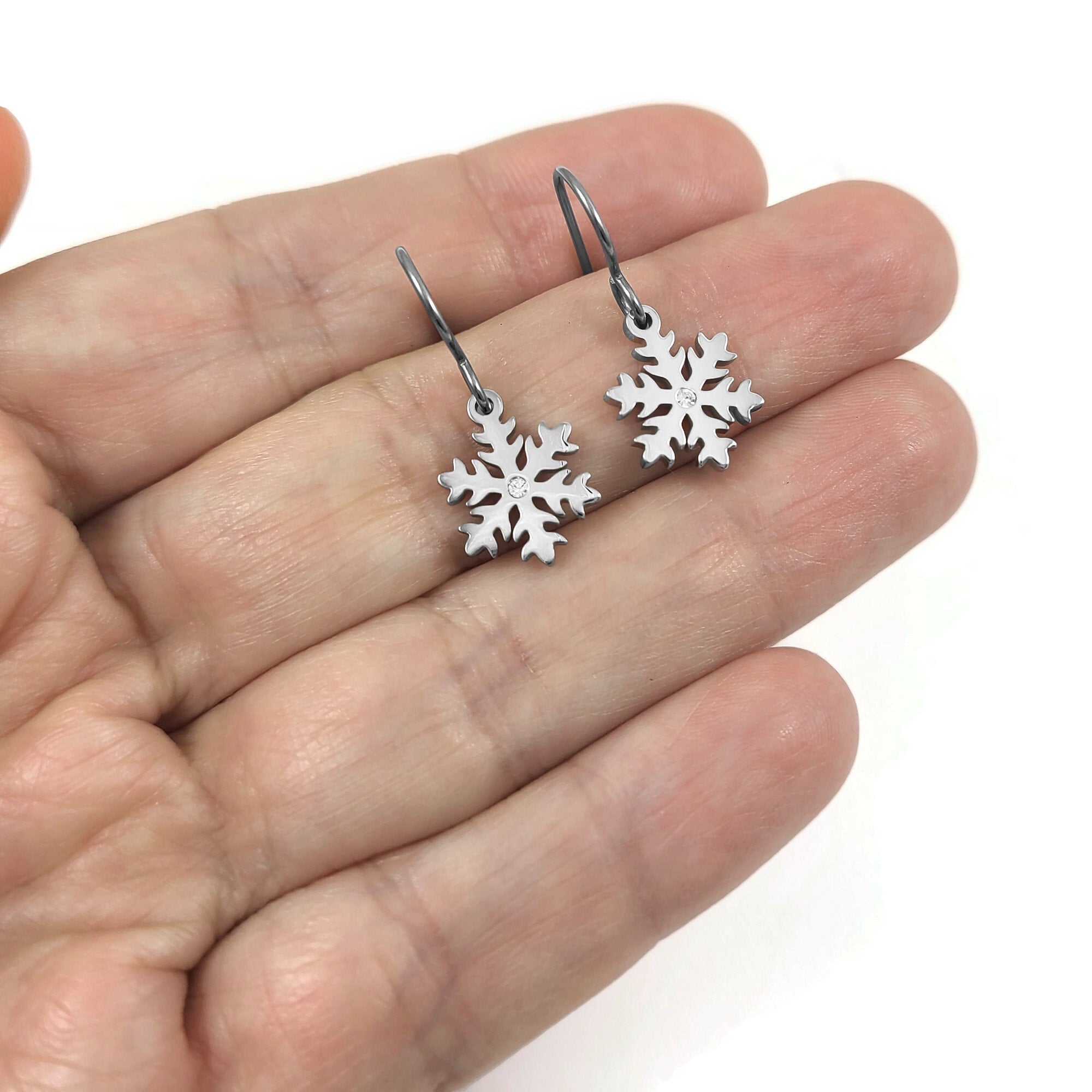 Dainty snowflace earrings, Hypoallergenic titanium and surgical steel, Waterproof non tarnish jewelry, Winter gift for her