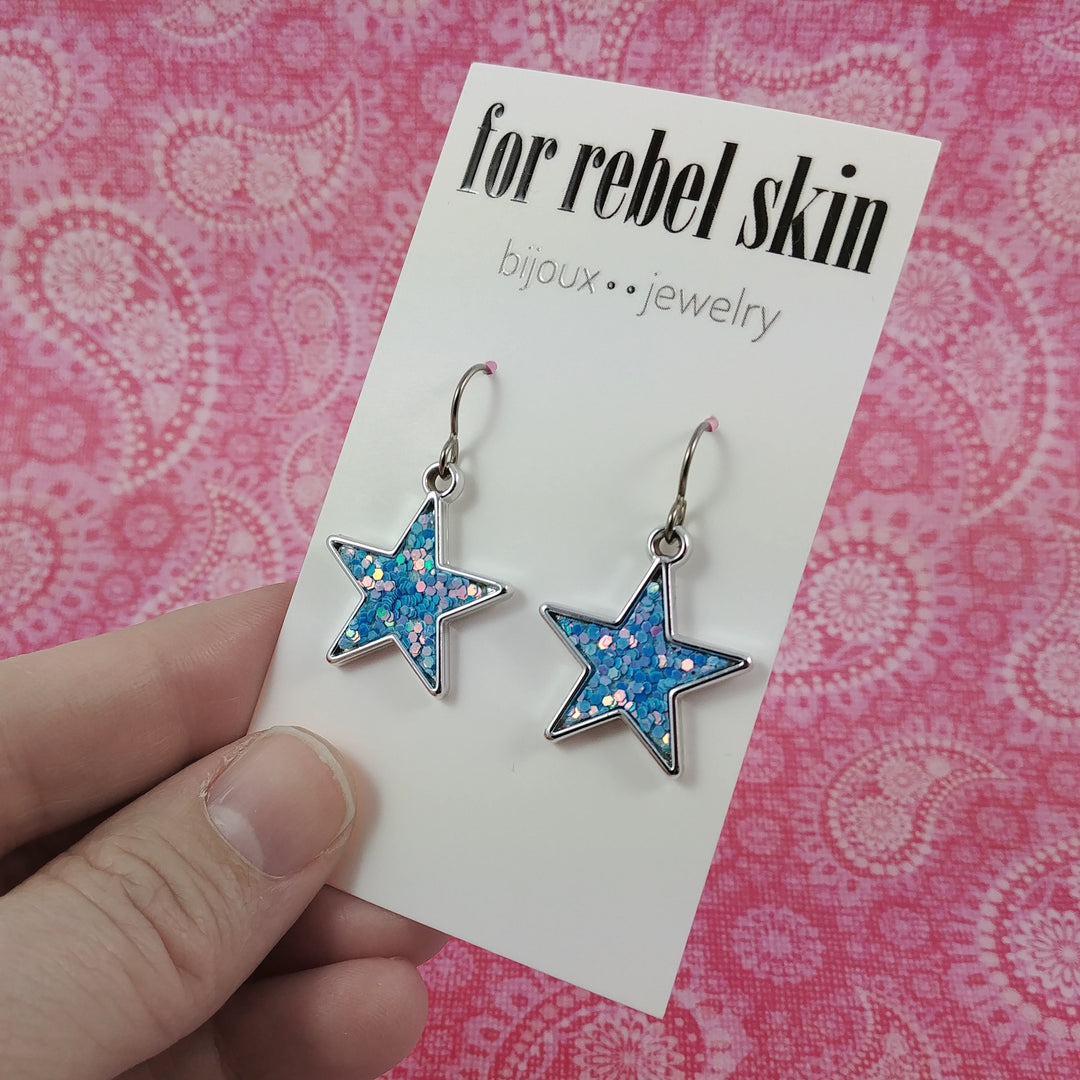 Silver star with glitter, sequins, paillette dangle earrings