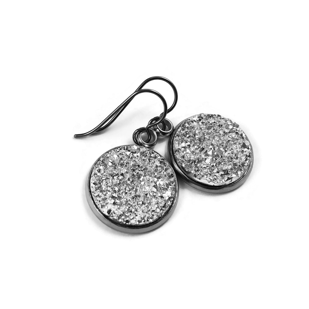 Silver druzy dangle earrings - Hypoallergenic pure titanium, stainless steel and acrylic druzy jewelry