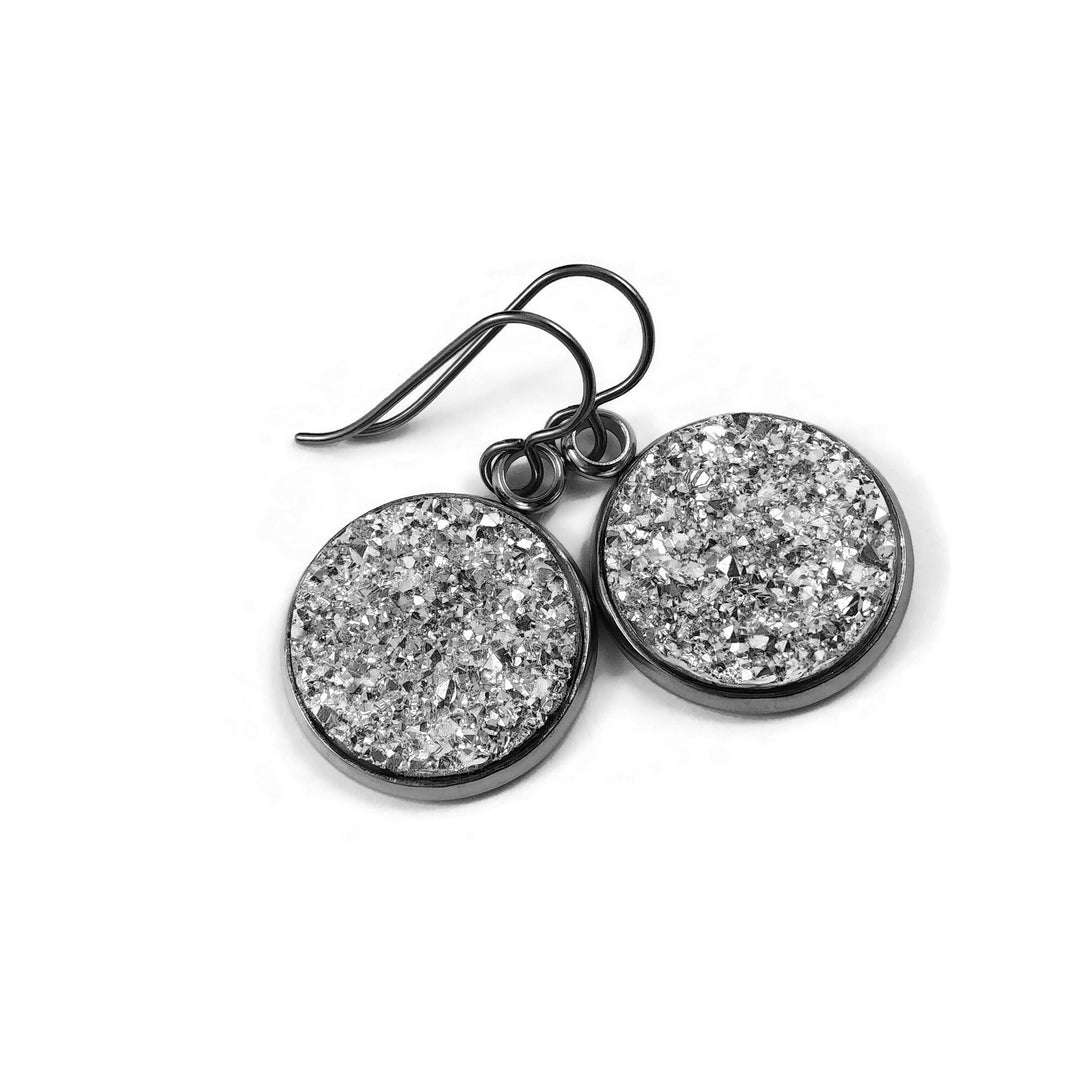 Silver druzy dangle earrings - Hypoallergenic pure titanium, stainless steel and acrylic druzy jewelry