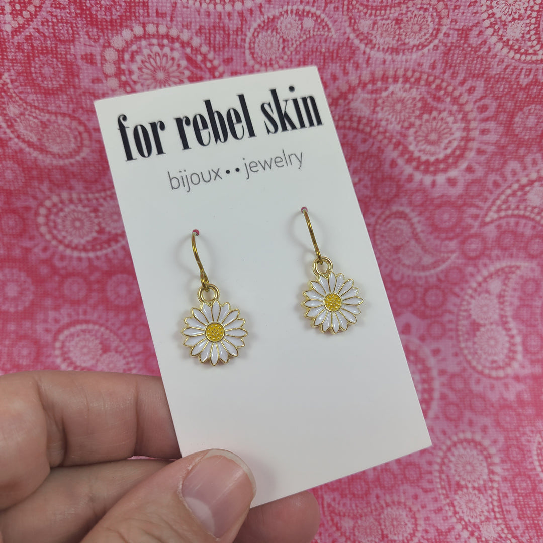Small daisy drop niobium earrings