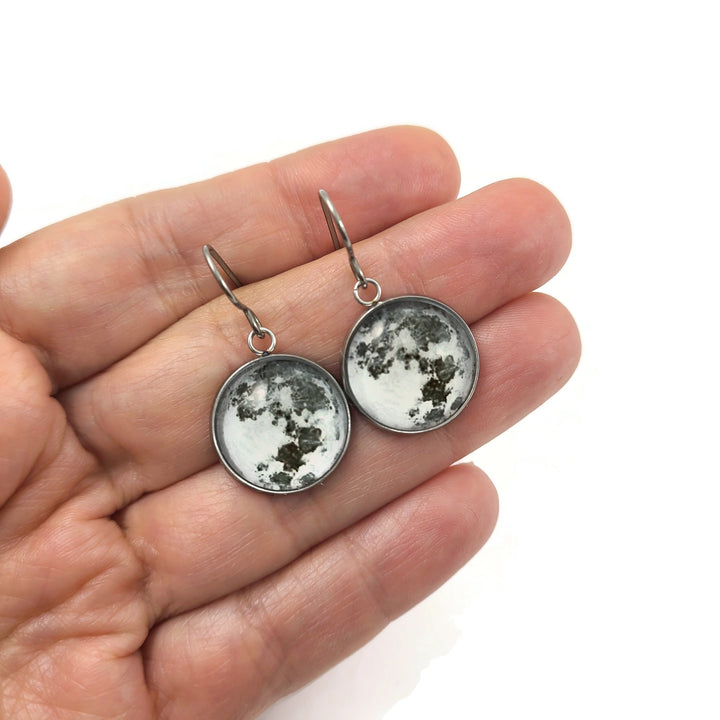 Moon dangle earrings - Hypoallergenic pure titanium, stainless steel and glass jewelry