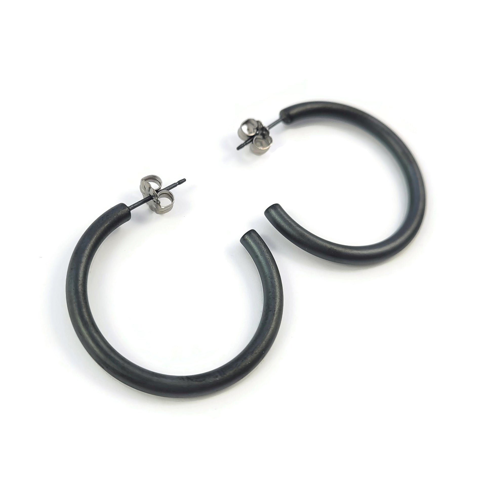 Large round black titanium hoop earrings, 100% hypoallergenic
