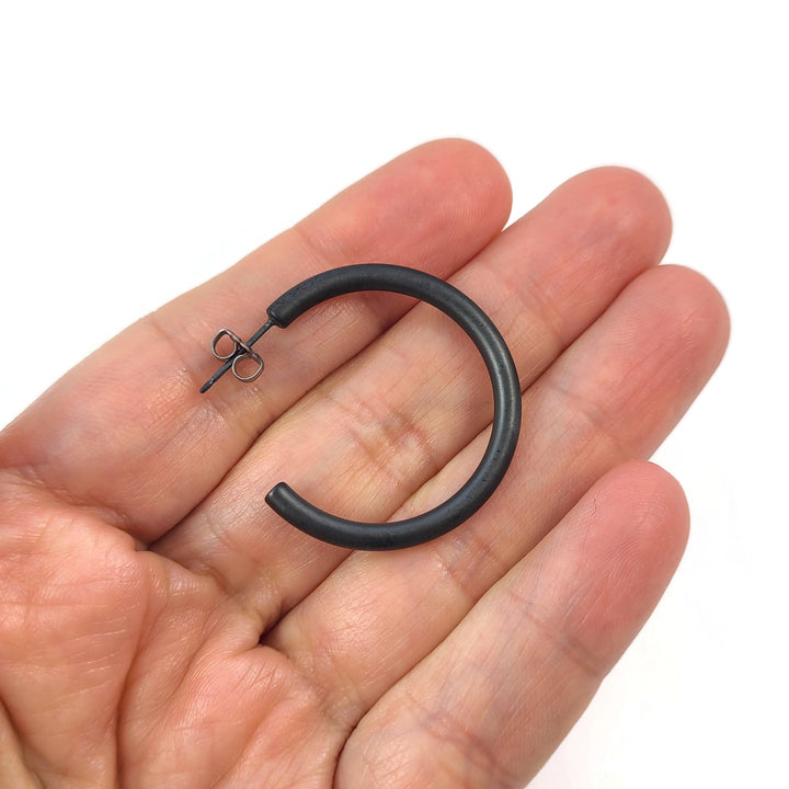 Large round hoop earrings, black titanium 100% hypoallergenic for sensitive ear