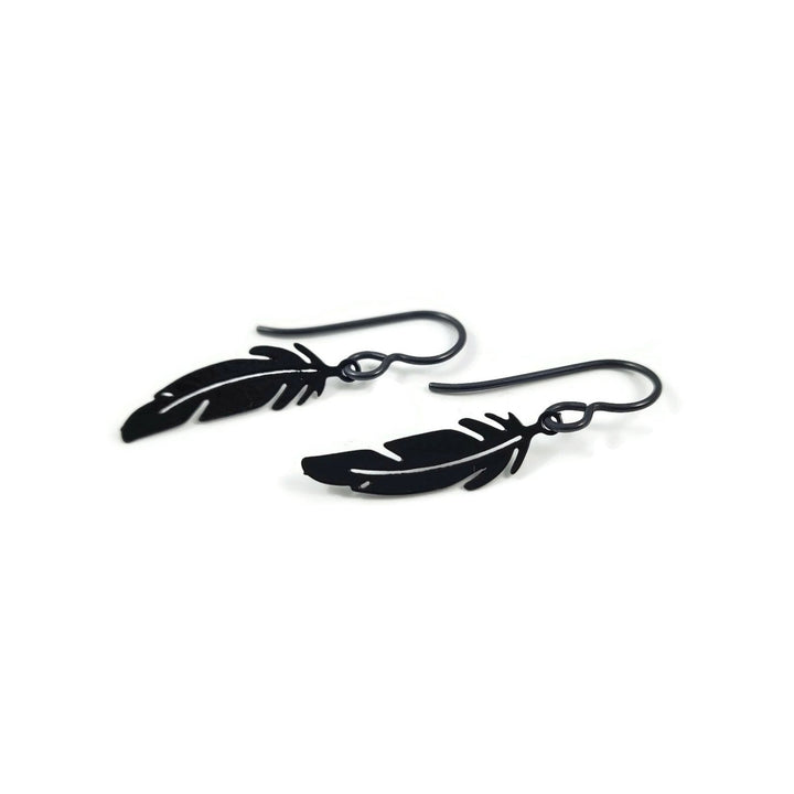 Black tiny feather niobium earrings