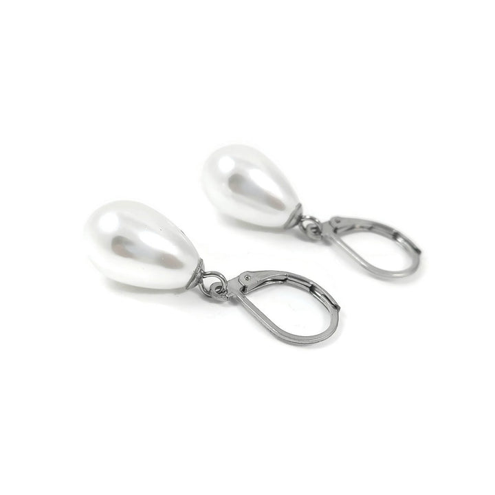 Pearl teardrop surgical steel leverback earrings