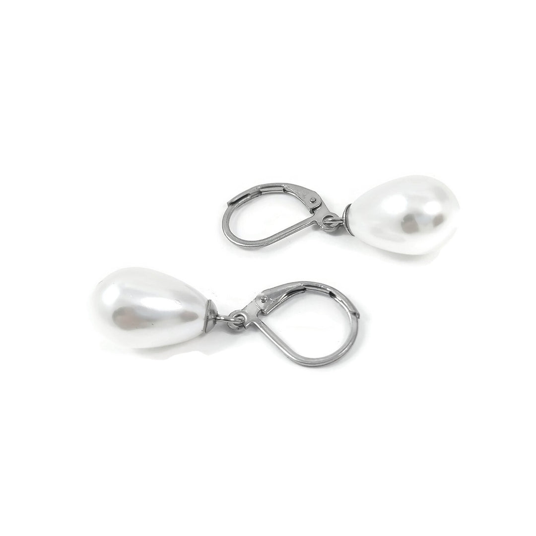 Pearl teardrop surgical steel leverback earrings