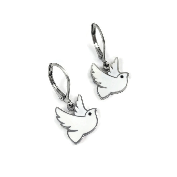 White dove surgical steel leverback earrings