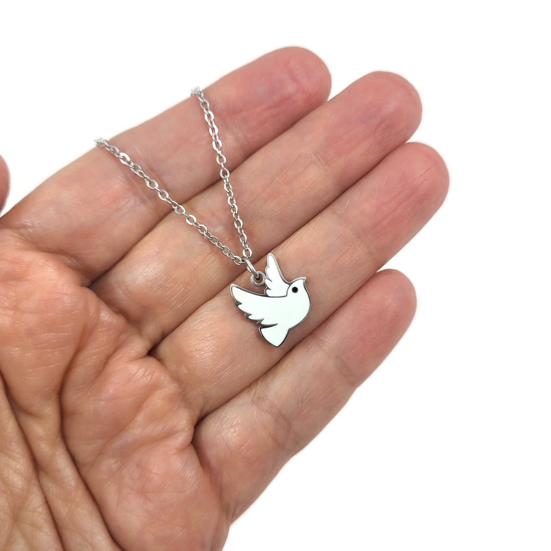 Dainty white dove surgical steel necklace