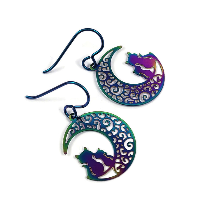 Boucles d'oreille silhouette de chats et lune - Niobium et inox 