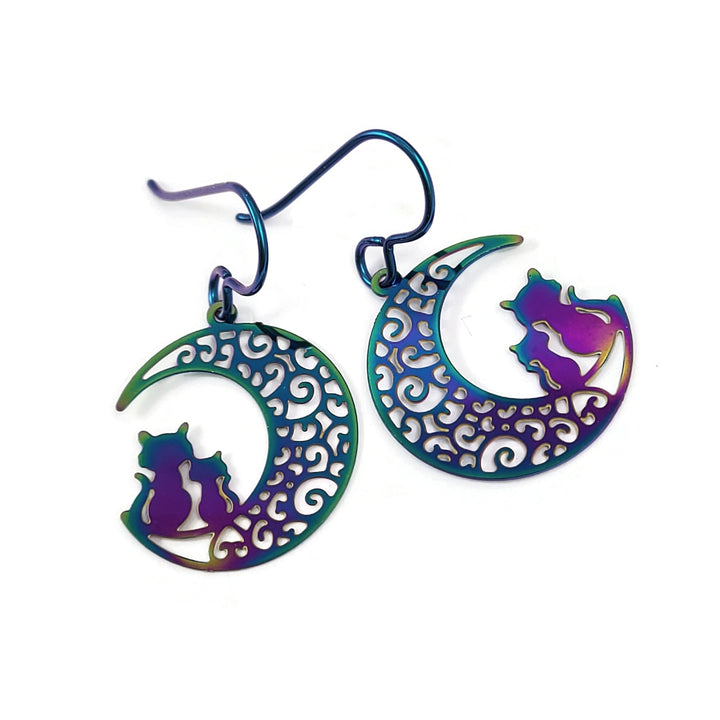 Boucles d'oreille silhouette de chats et lune - Niobium et inox 