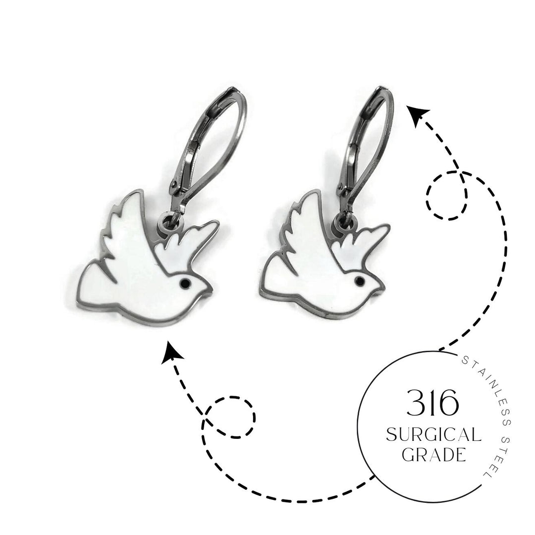 White dove surgical steel leverback earrings