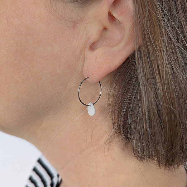 Pearl white drop titanium hoop earrings