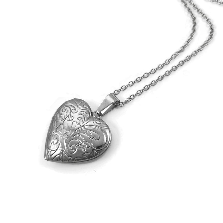 Heart locket necklace, Hypoallergenic surgical steel, Tarnish free jewelry, Silver photo locket, Cute gift for her, Vintage floral pendant