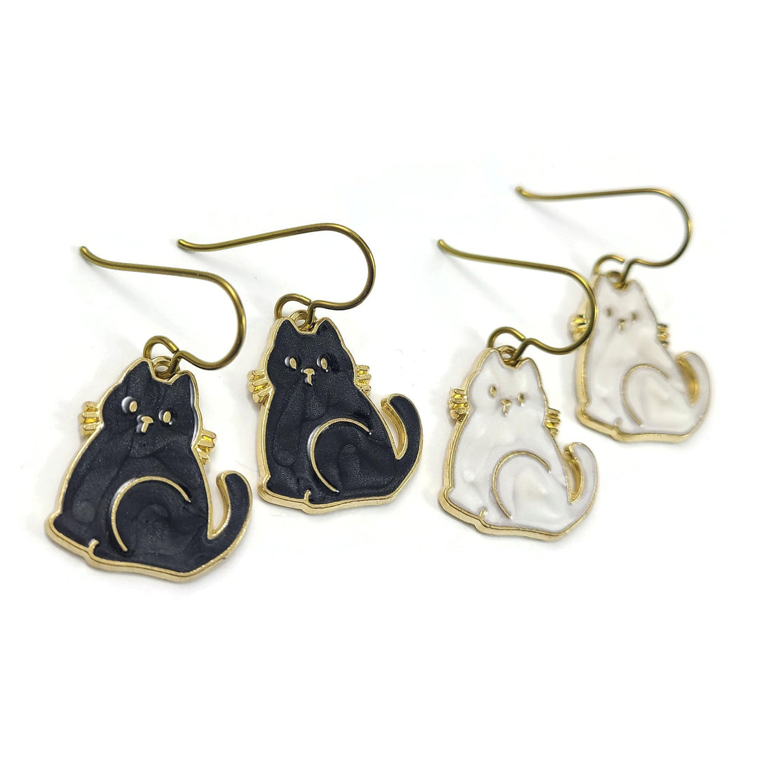 Cat earrings, Hypoallergenic pure niobium jewelry, Black, White