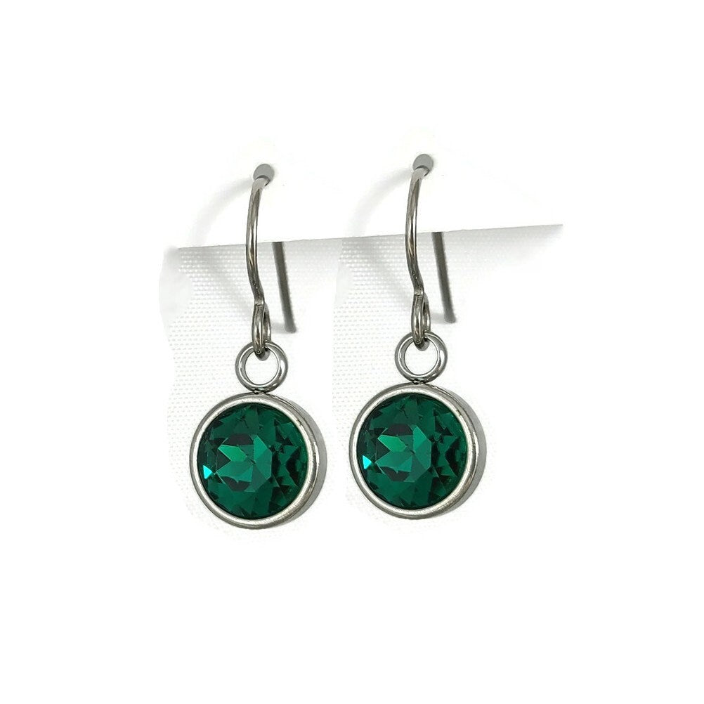 Emerald titanium drop earrings, May birthstone, Implant grade jewelry, Sensitive ears