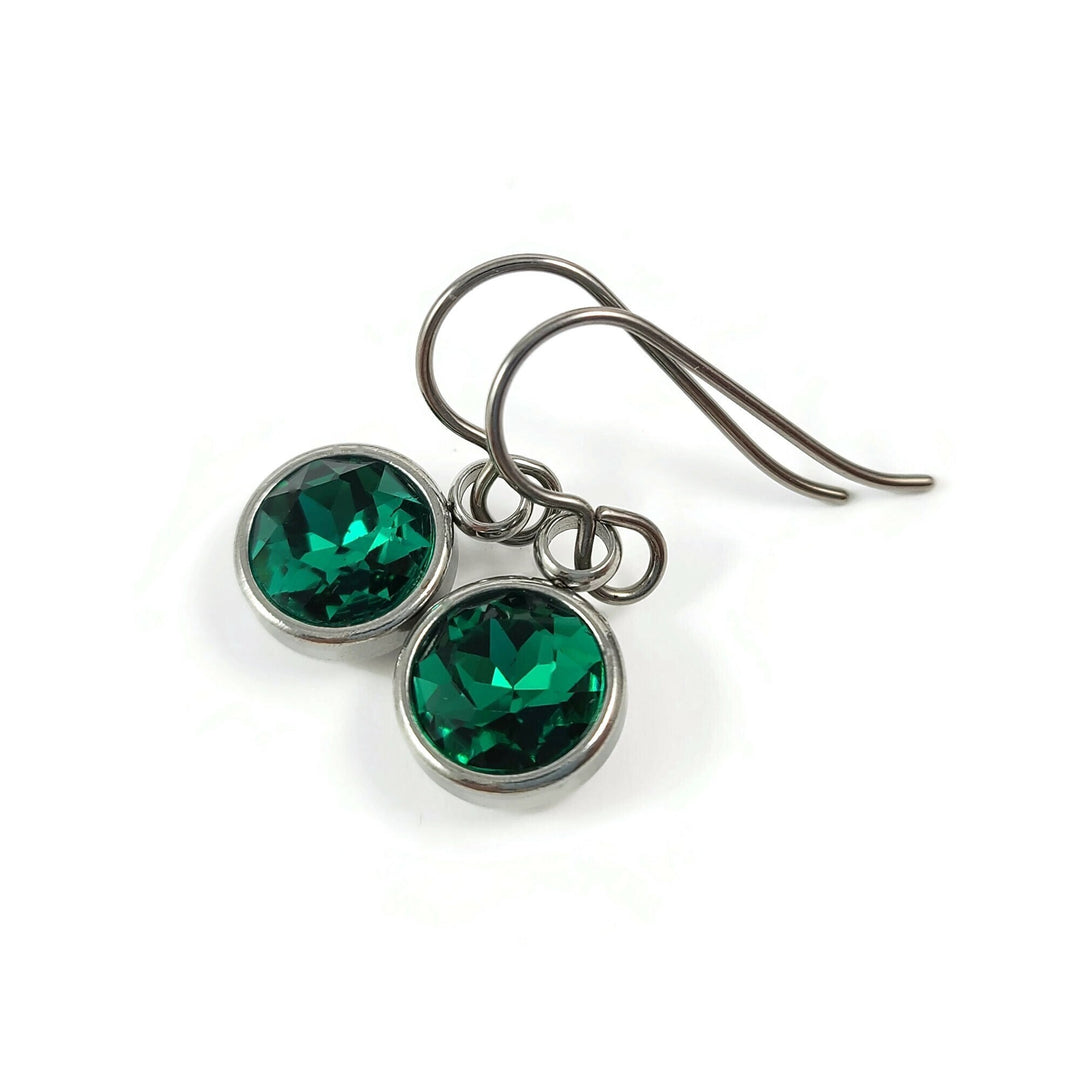 Emerald titanium drop earrings, May birthstone, Implant grade jewelry, Sensitive ears