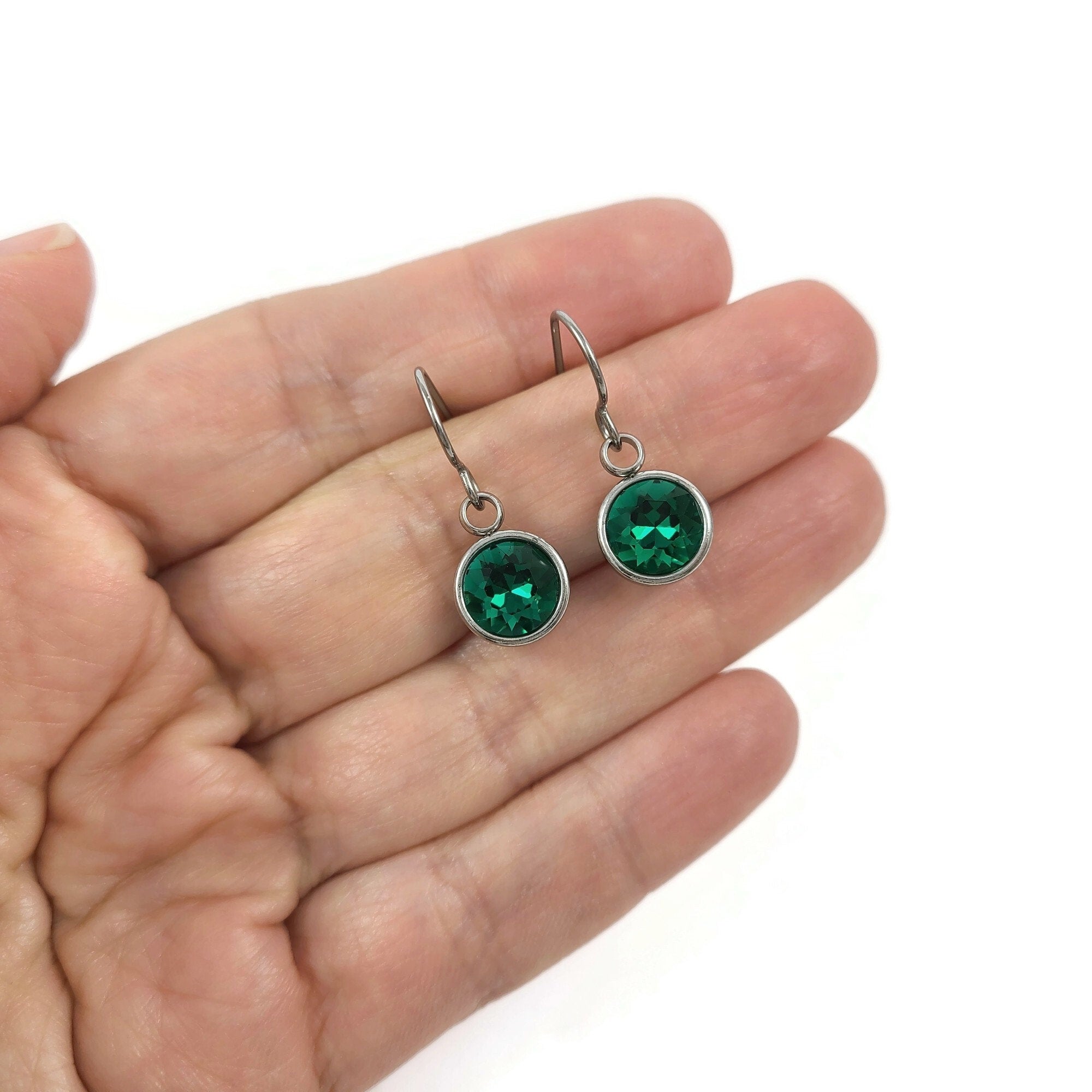 Emerald titanium drop earrings, May birthstone, Implant grade jewelry, Sensitive ears