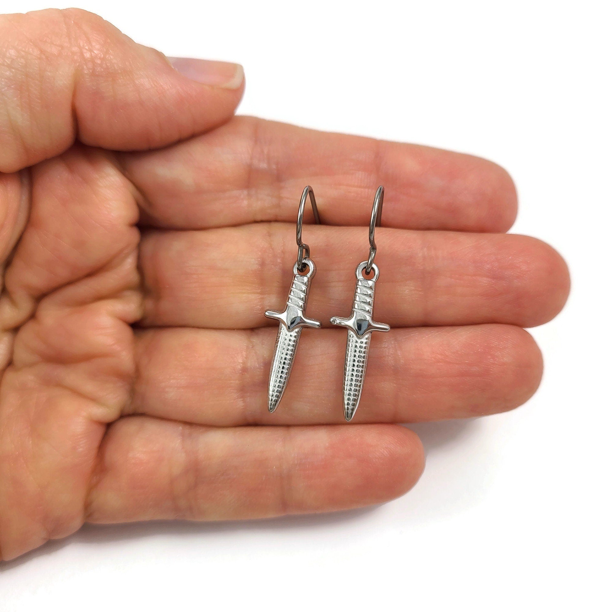 Dagger hoop earrings, Implant grade titanium and stainless steel, Hypoallergenic sword jewelry