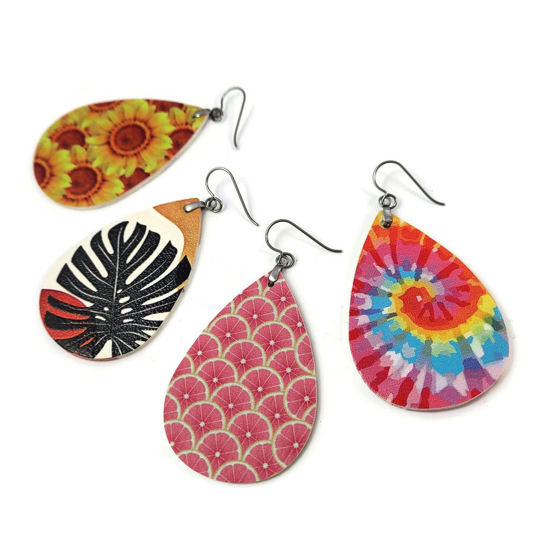 Summer leather earrings, Hypoallergenic pure titanium jewelry, Colorful lightweight dangle earrings, For sensitive ears