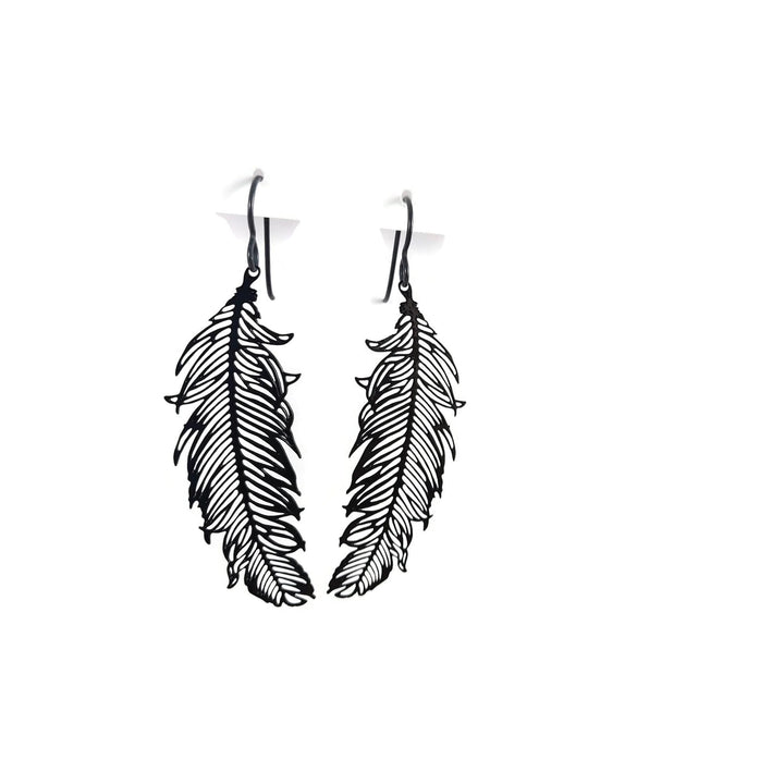 Black feather niobium earrings, Hypoallergenic filigree jewelry