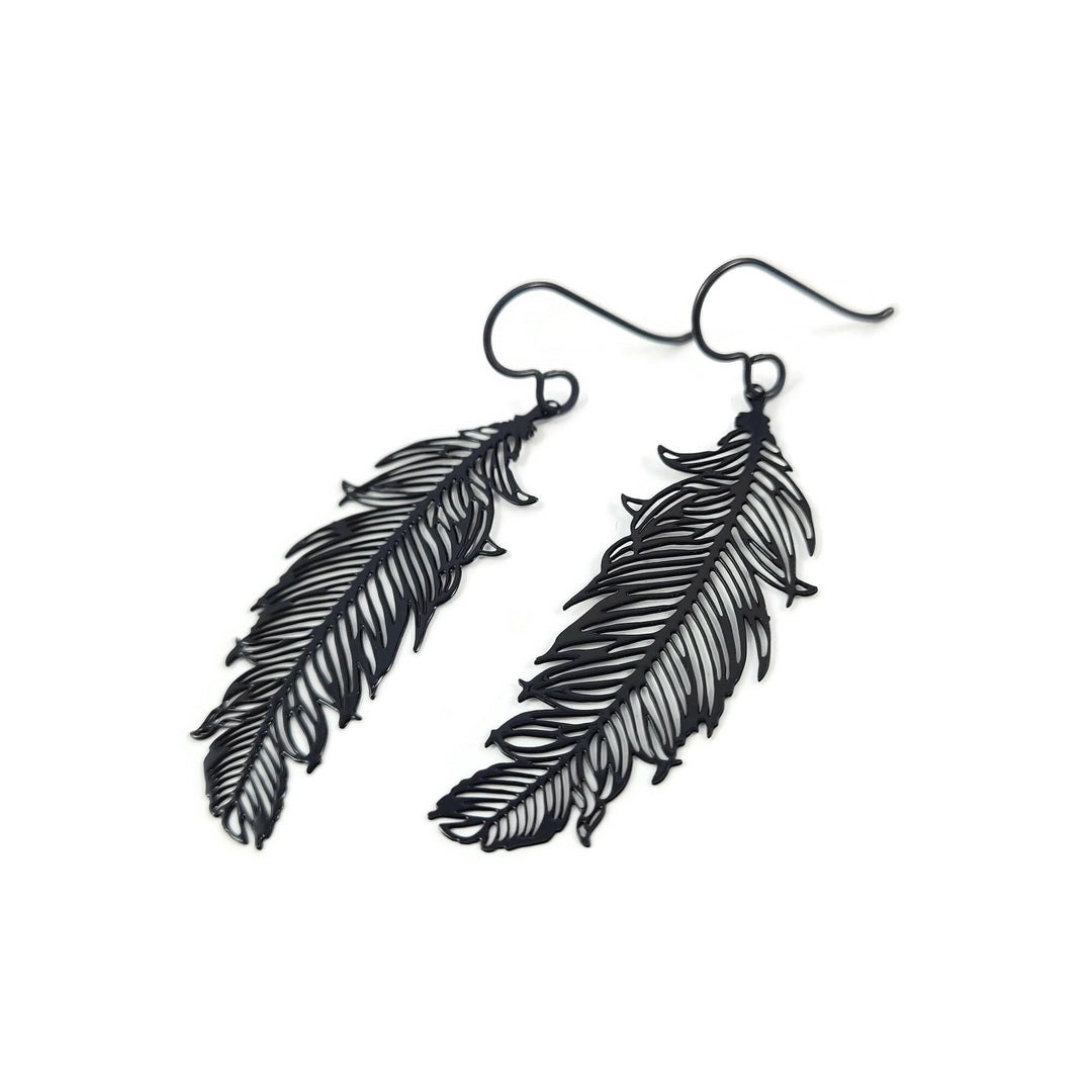 Black feather niobium earrings, Hypoallergenic filigree jewelry