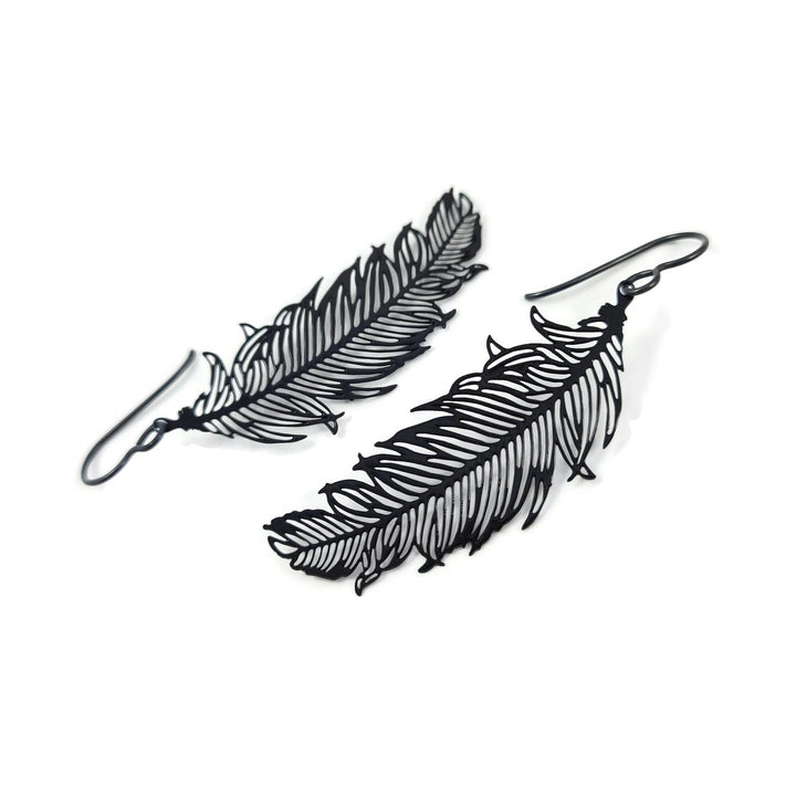 Black feather niobium earrings, Hypoallergenic filigree jewelry