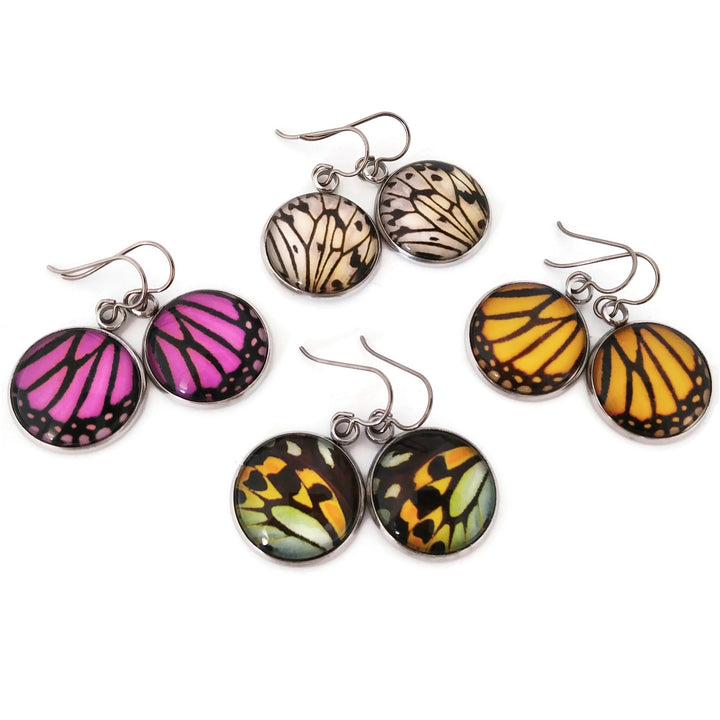 Butterfly wings dangle earrings - Hypoallergenic pure titanium, stainless steel and glass jewelry