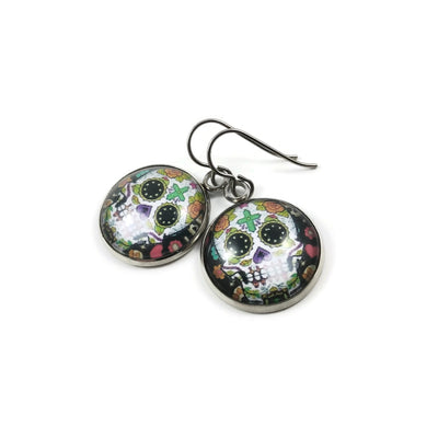 Day of The Dead sugar skull dangle earrings - Hypoallergenic pure titanium, stainless steel and glass jewelry